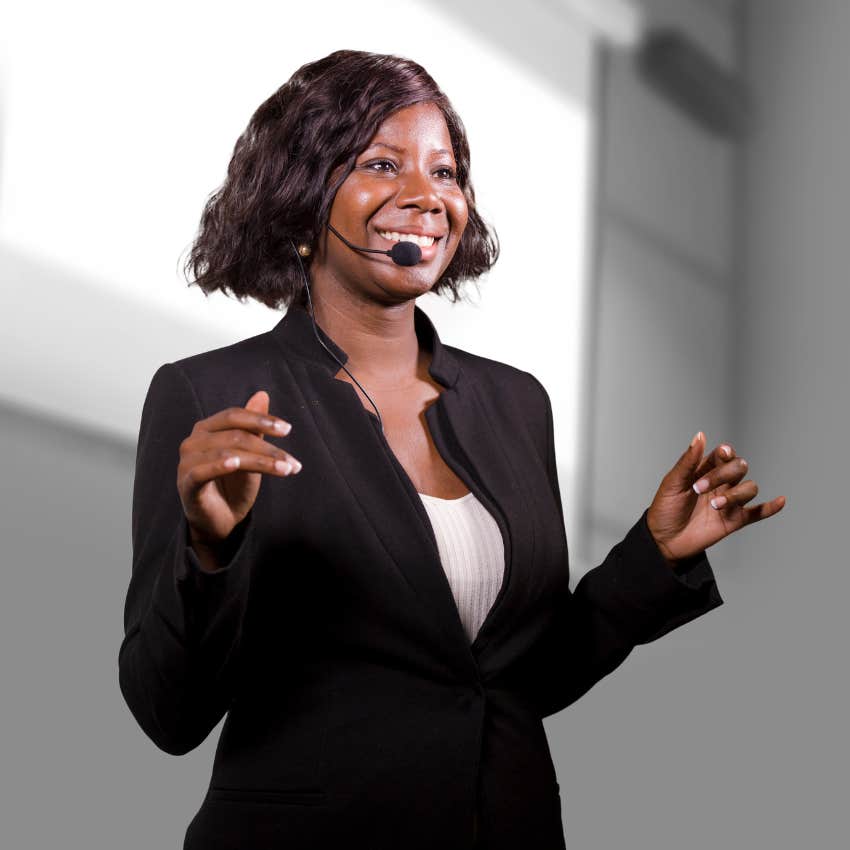 Woman embarrassed to be using filler words while talking