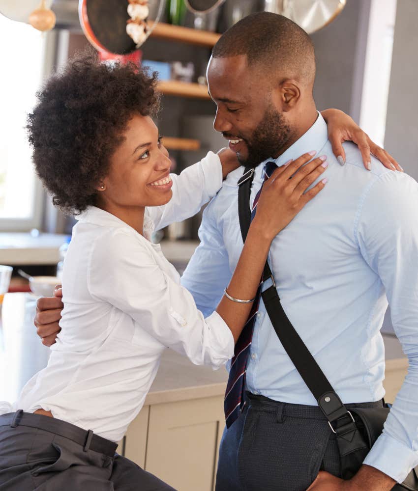 Wife who actually likes her husband sends him off to work on a positive note
