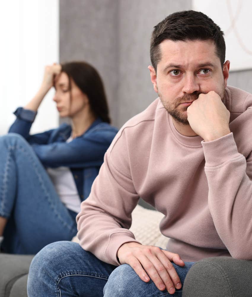 Upset couple have communication problem showing rough patch in marriage