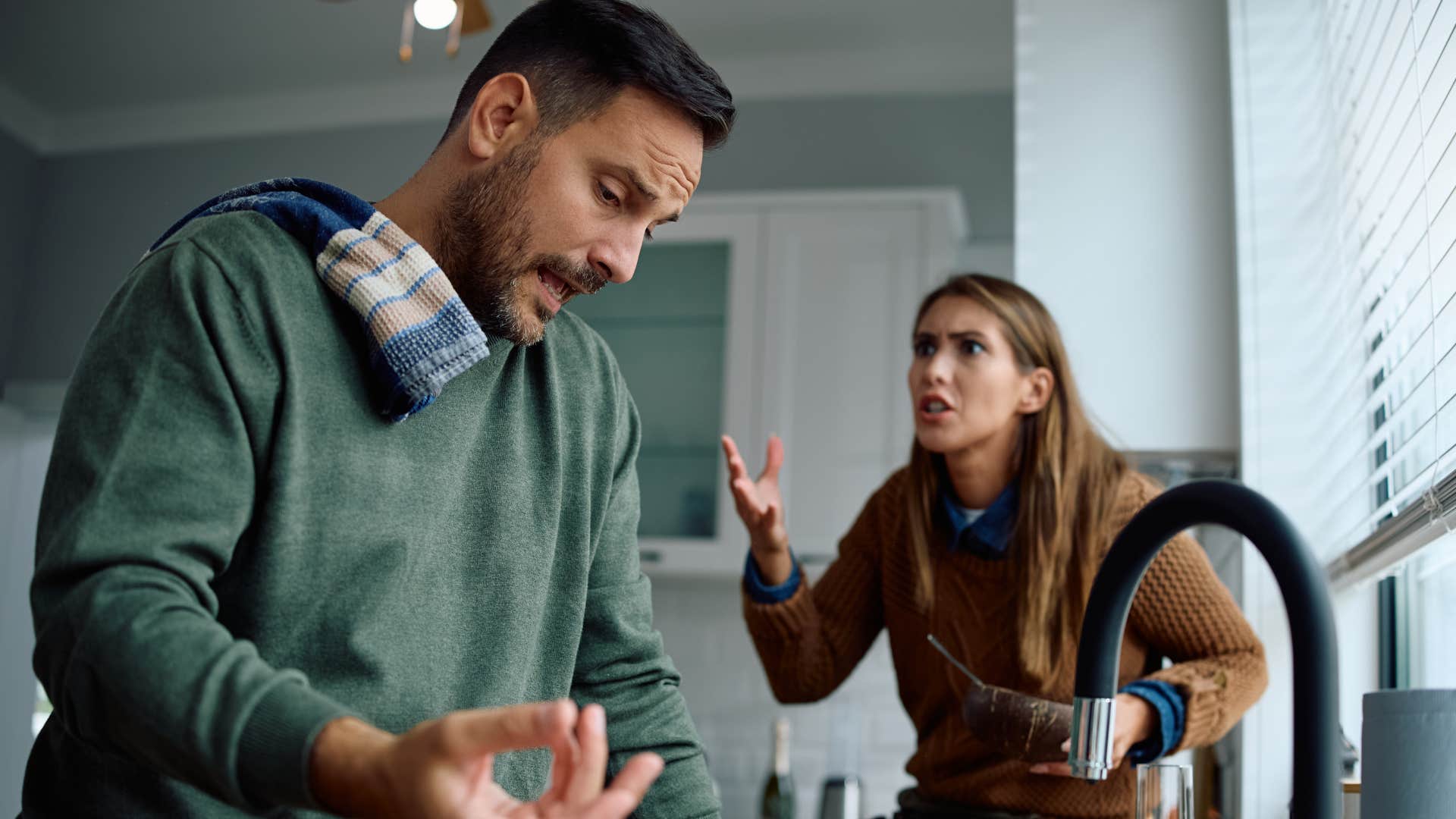 man playing the victim saying I'm always the bad guy to his wife