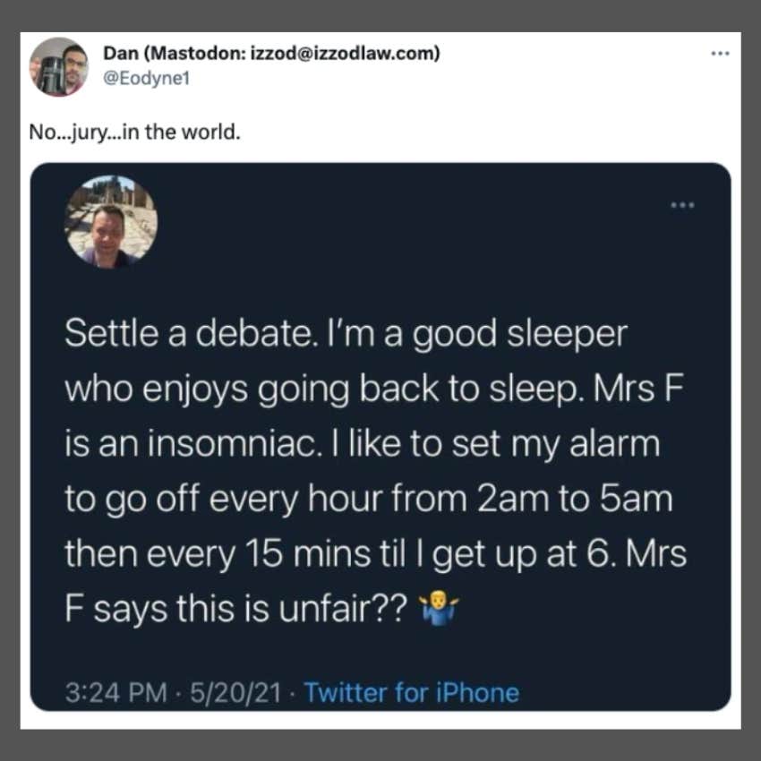 Man Asks People To Settle A Debate With His Wife Who Disagrees With His Morning Alarm X Post