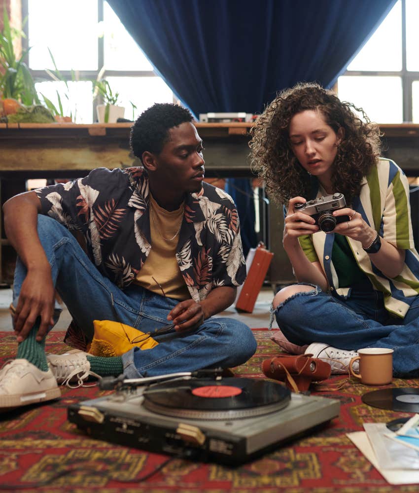 Loving couple listen to music and share memories