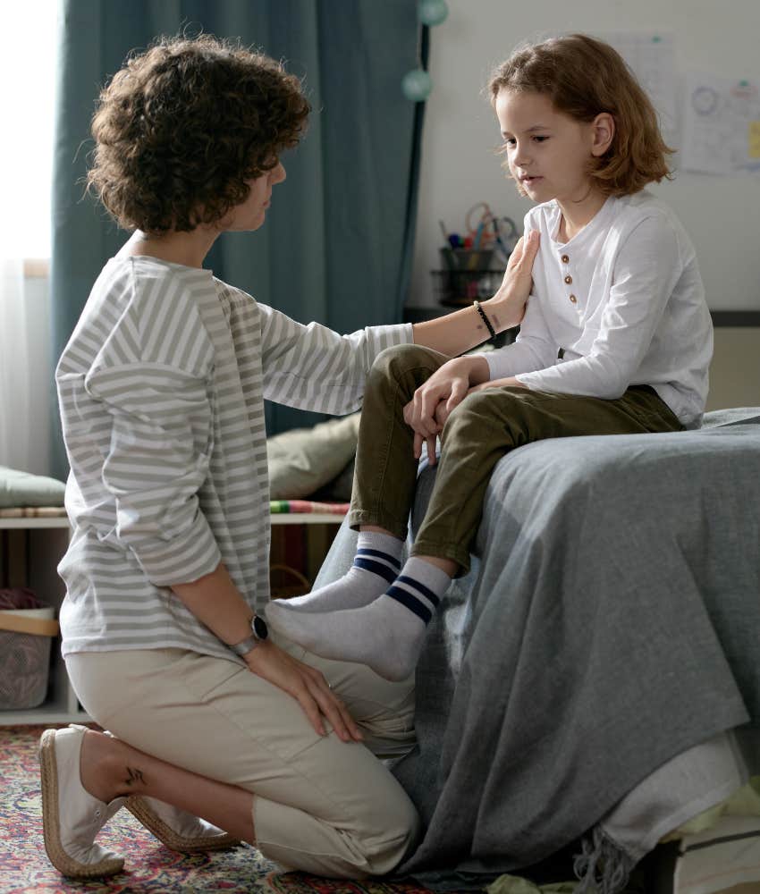 Single mom talks one-on-one to her child in a serious way