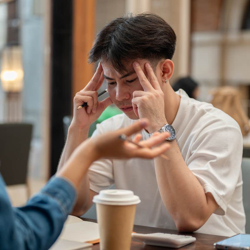 stressed man talking with friend saying you make everything about money
